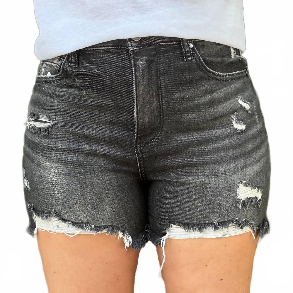 NEW RISEN billy high waisted distressed denim shorts in black wash